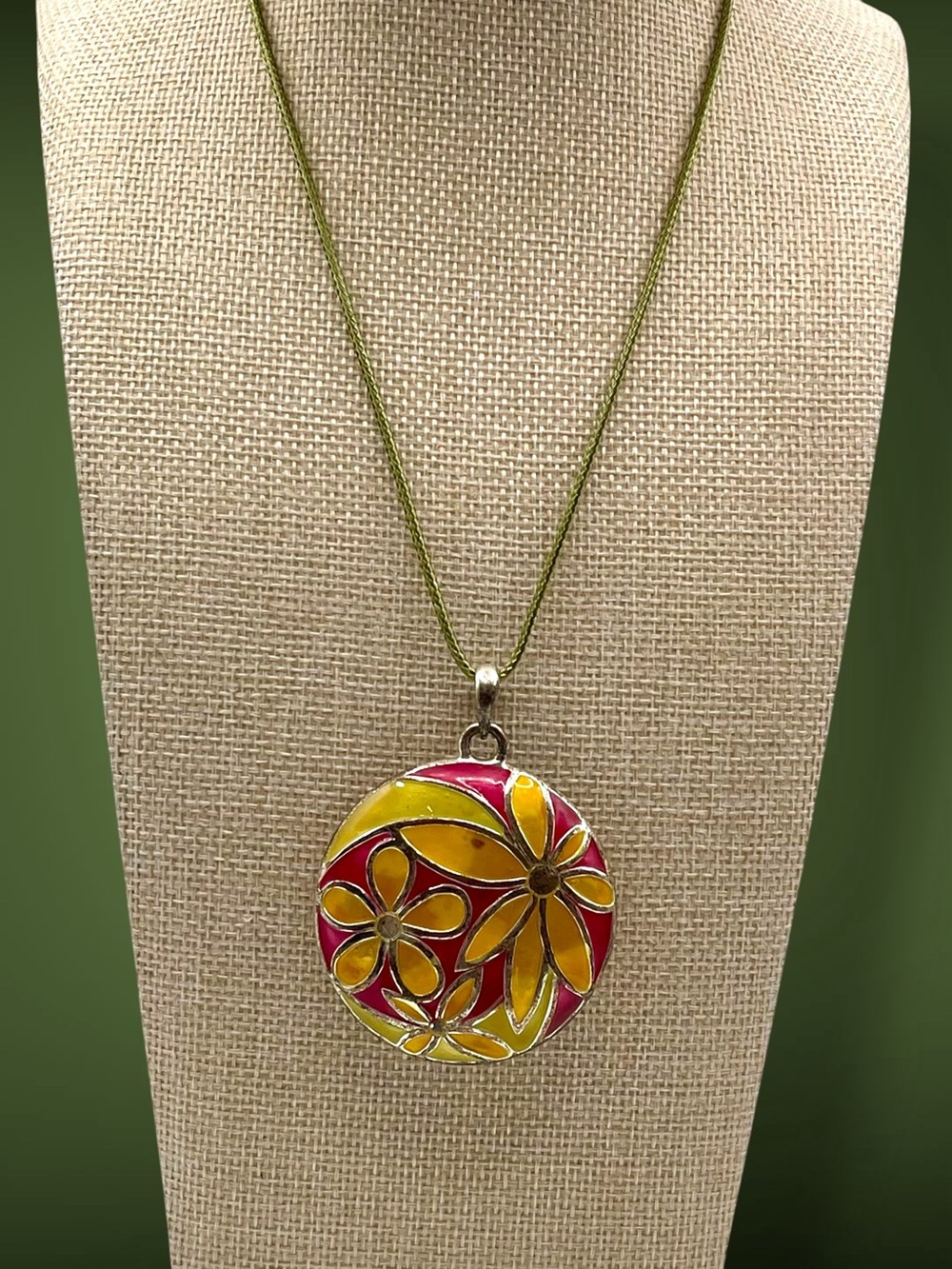 Boho Vintage Cloisonné Enamel Floral Pendant Brooch Necklace